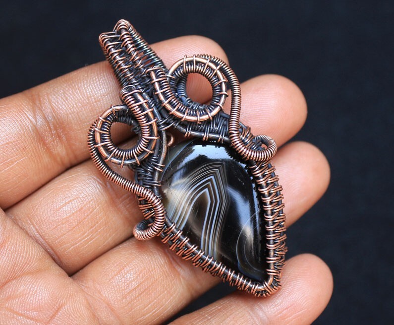 Halloween Gift Pendant Banded Agate Gemstone Jewelry Copper Wire Wrap N203