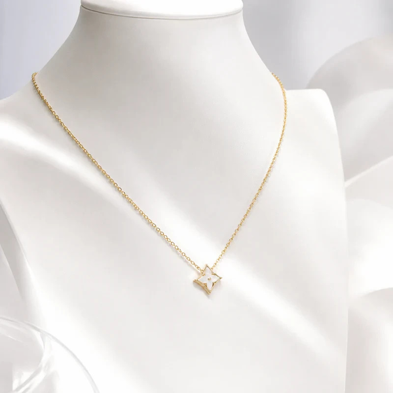 White Enamel Star Pendant Necklace 18K Gold Plated Four Point Clover