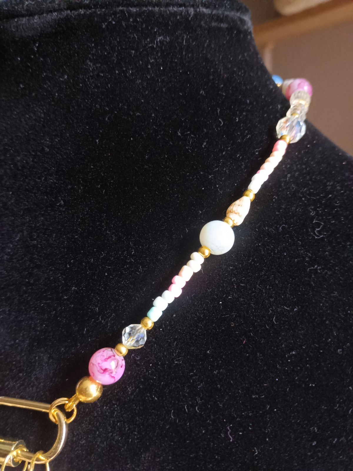 Handmade Beaded Ball/Bead Chain Necklace Pink Shell Pendant Cross Charm Beach