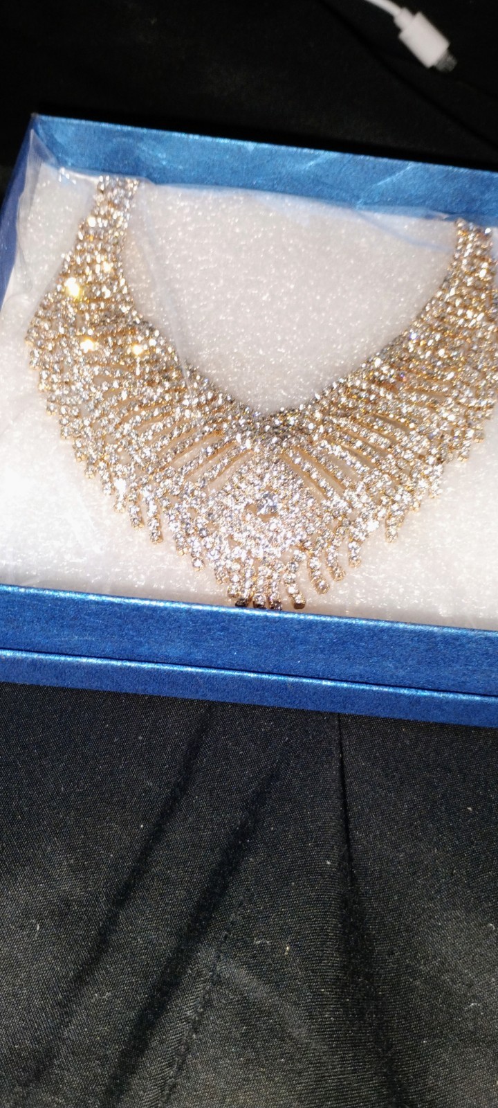 Silver Tone Rhinestone Statement Collar Necklace, Asymmetrical Prong Set