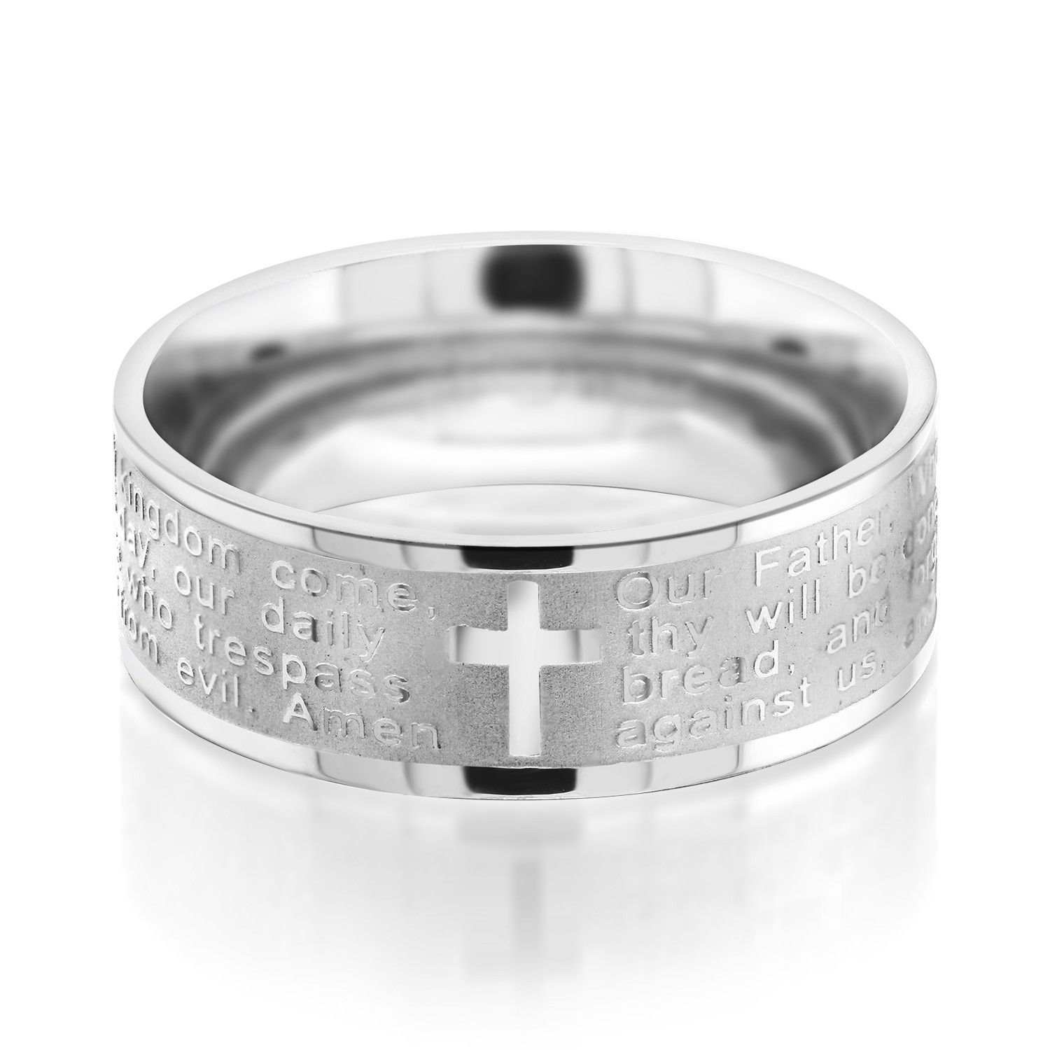 8MM Men’s Stainless Steel Bible Christian Lord’s Prayer Cross Wedding Band