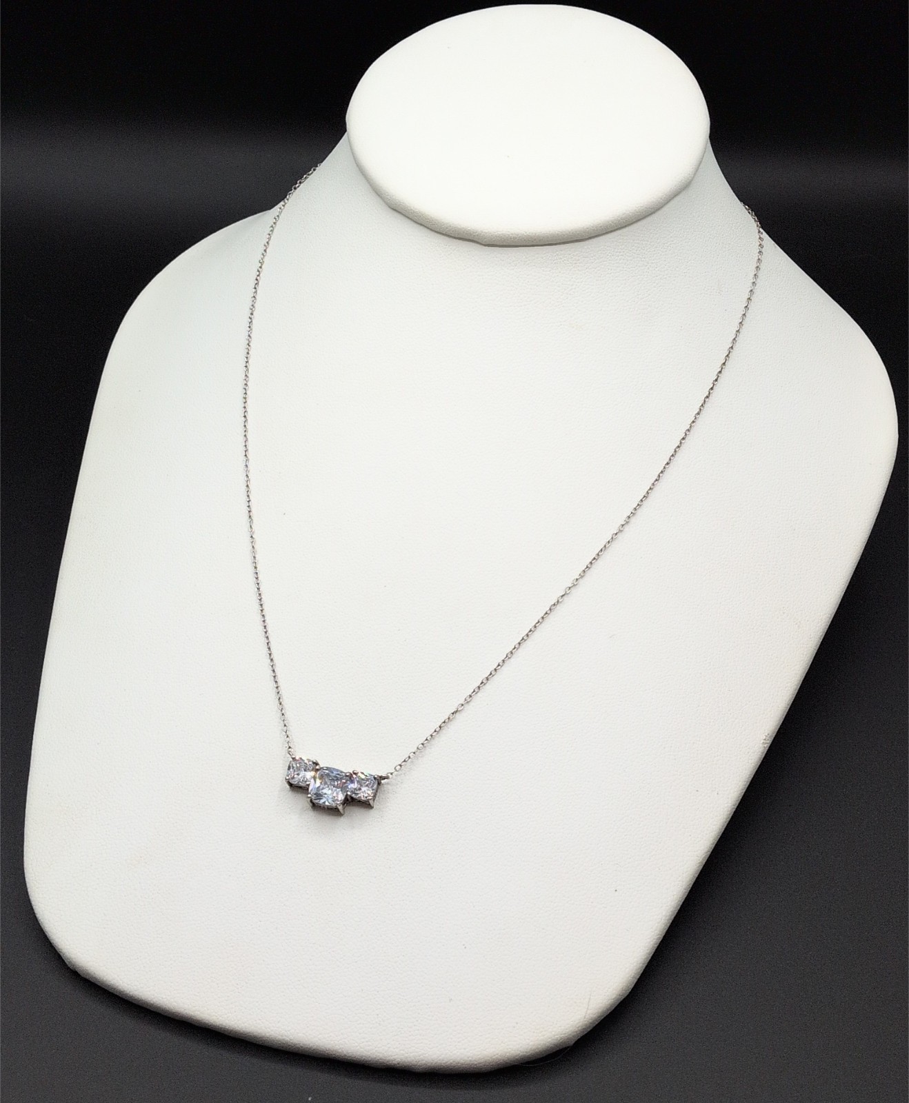 Necklace Three Triple Cushion Cut Clear Colorless Rhinestones 18.25″ 925 Silver
