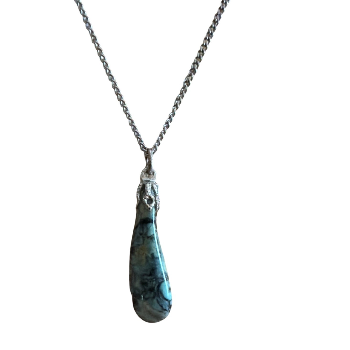 Vintage Marbled Green Stone Teardrop Pendant Necklace Silver Tone Boho Earthy