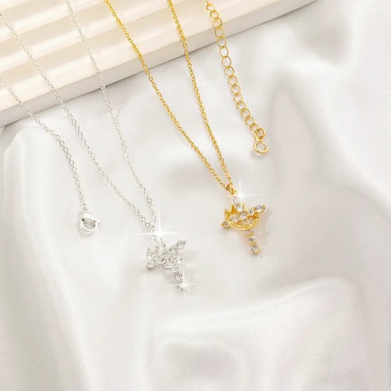 Sparkling Crown Cross Pendant Necklace Christian Jewelry Gift Women Men Girls