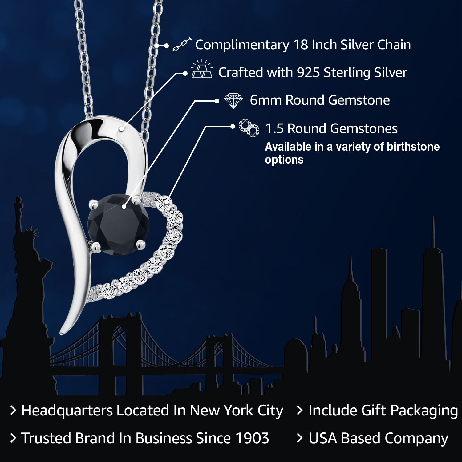 925 Sterling Silver Black Zirconia Heart Shape Pendant Necklace For Women (1.82