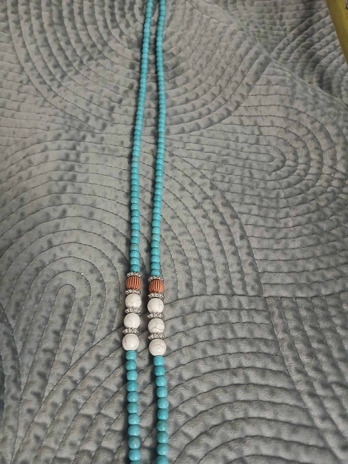 Turquoise Necklace Long Beaded With A Pearl And Tassel
