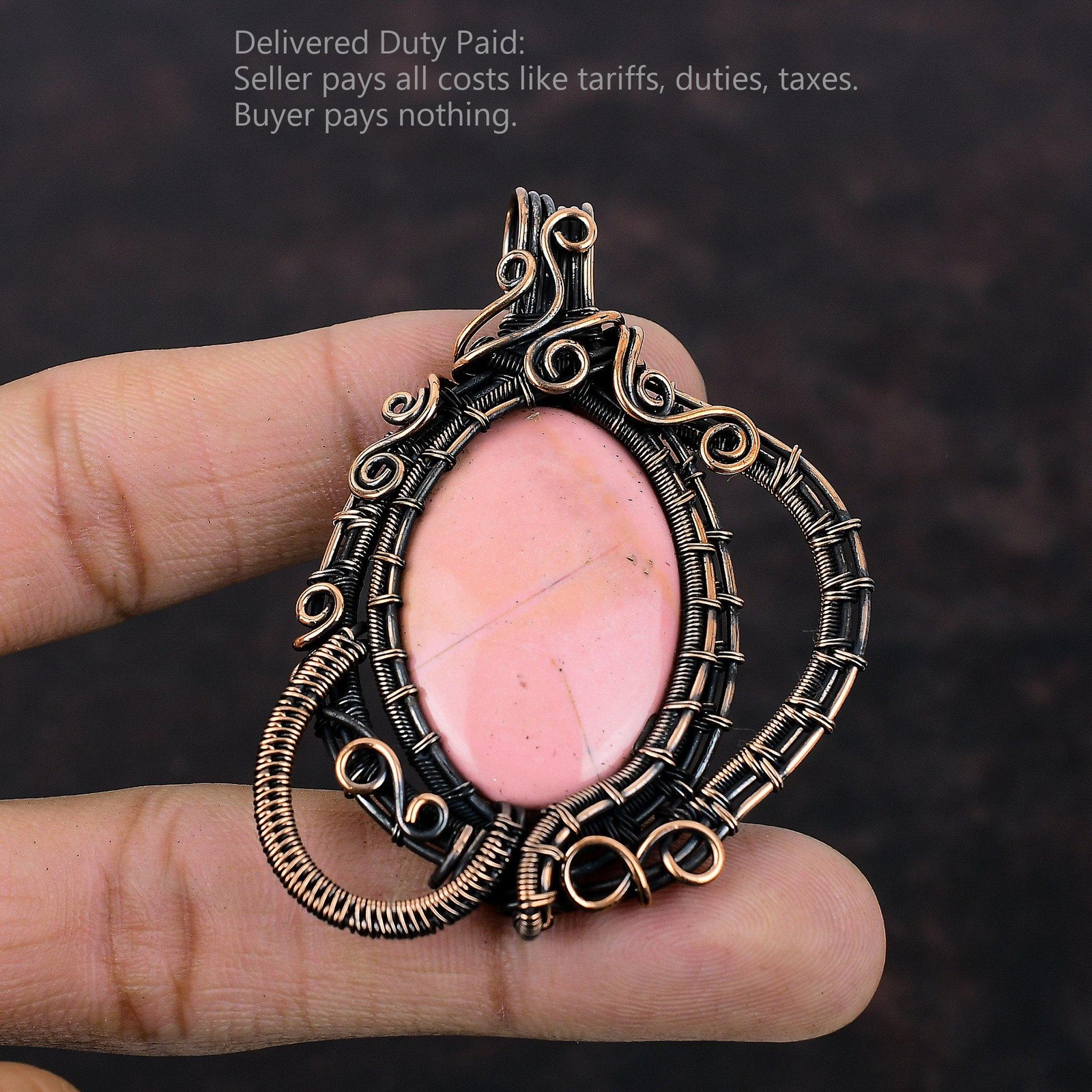 Copper pink Opal Stone Ethnic Engagement Wire Wrapped Trendy Anniversary Pendant