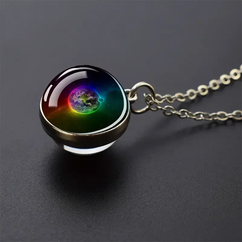 Double Sided Galaxy Planet Glass Ball Pendant Necklace Sun Earth Moon Mars