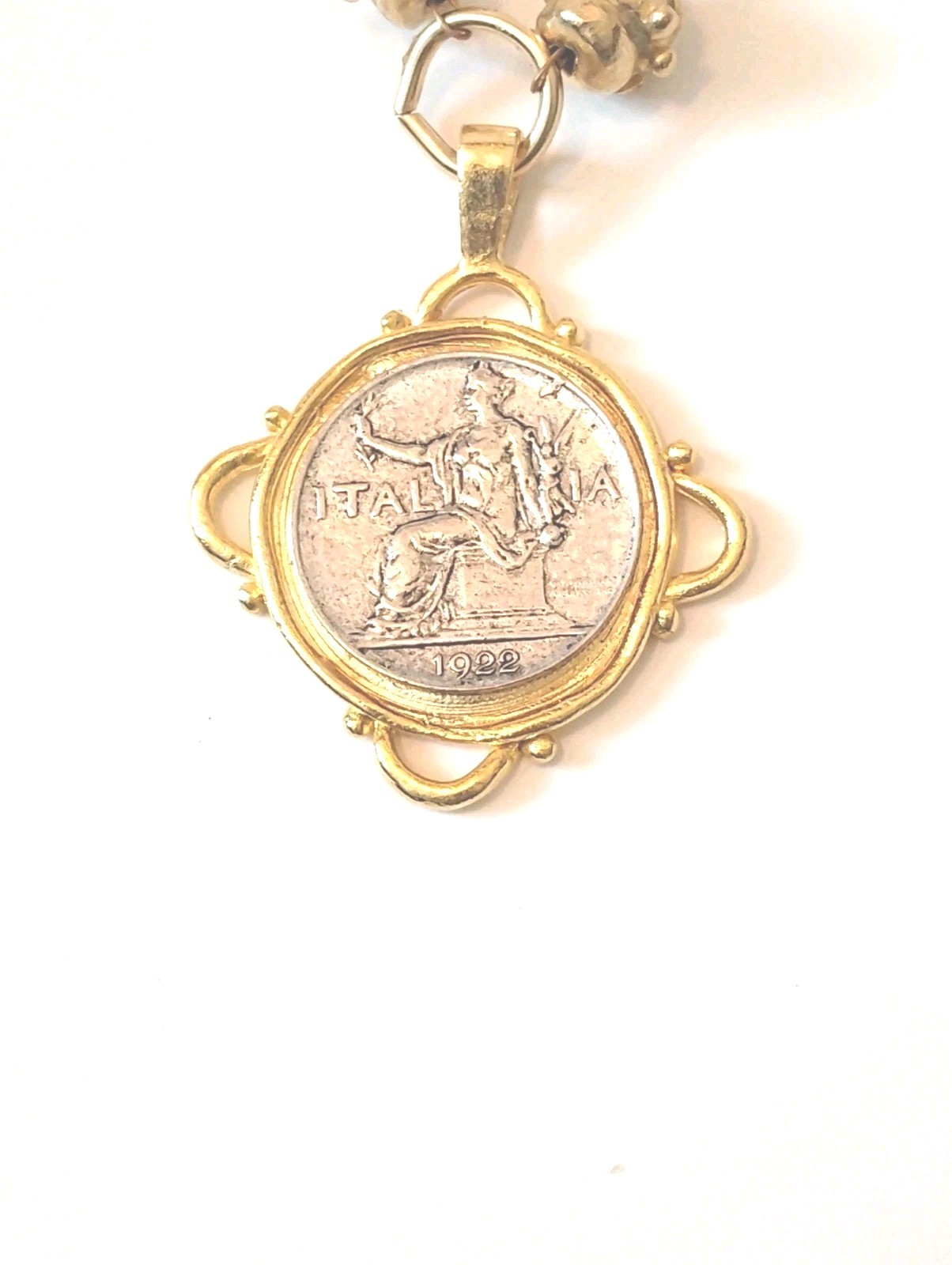 Susan Shaw Italy 1922 Italia “Liberty” Coin Gold Color Frame Pearl Necklace 16”