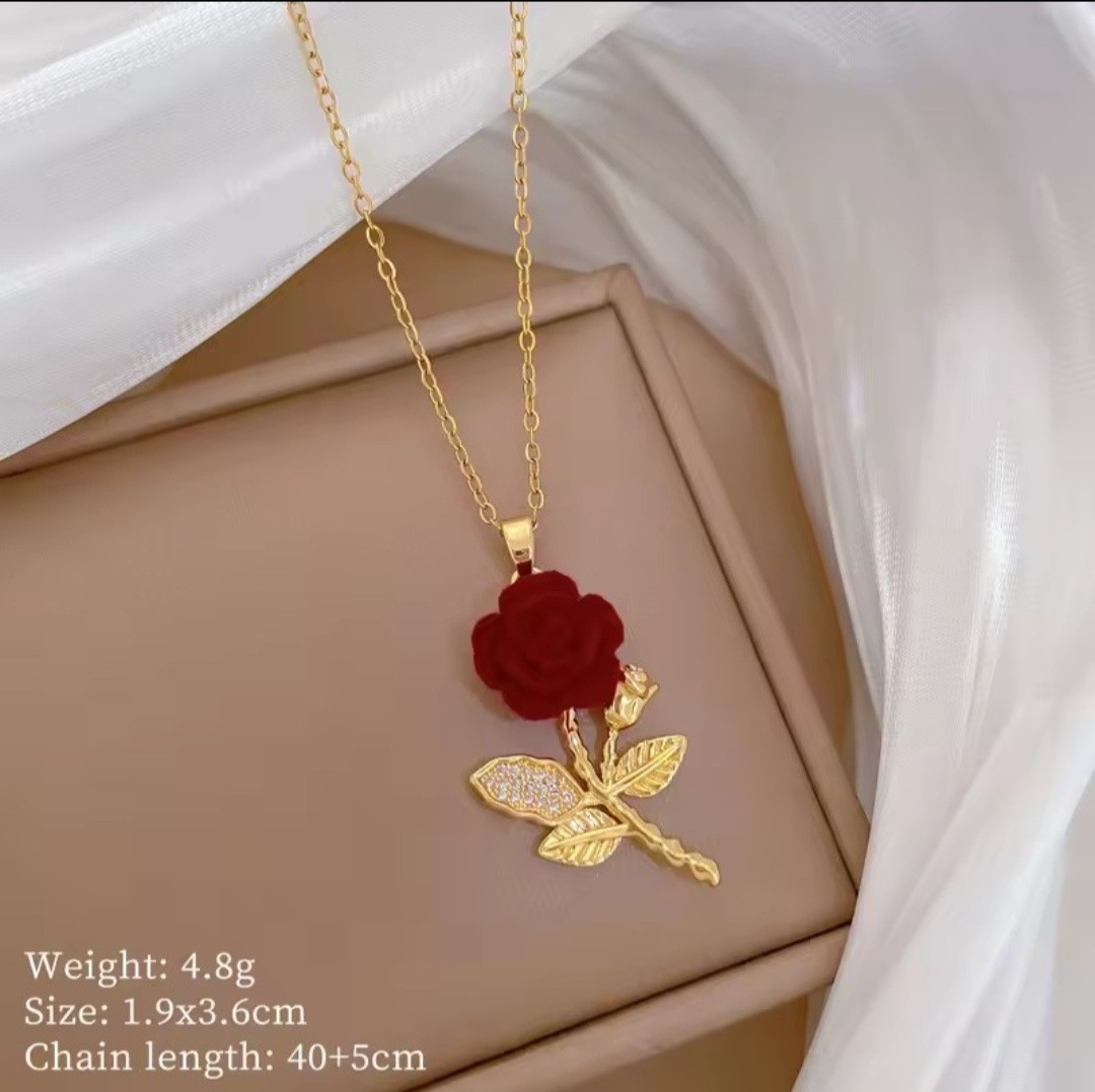 2 Yellow Gold Plated Heart Red Rose Pendant CZ Necklace 40+5cm Adjustable