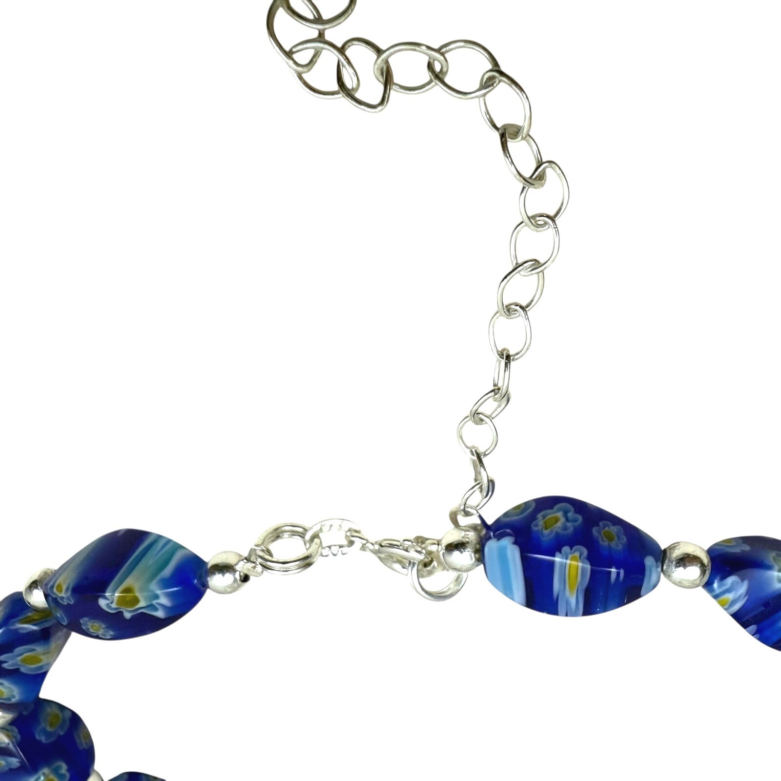 925 Silver Blue Millefiori Glass Beaded Necklace Floral Collar Accent 7.5 in L