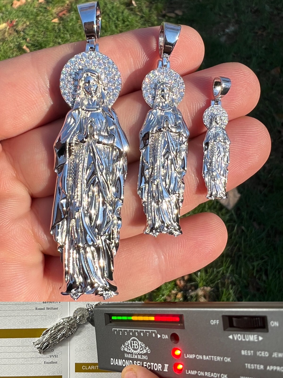 Real MOISSANITE 925 Silver Virgin Mary Guadalupe Pendant Iced Necklace – 3 Sizes