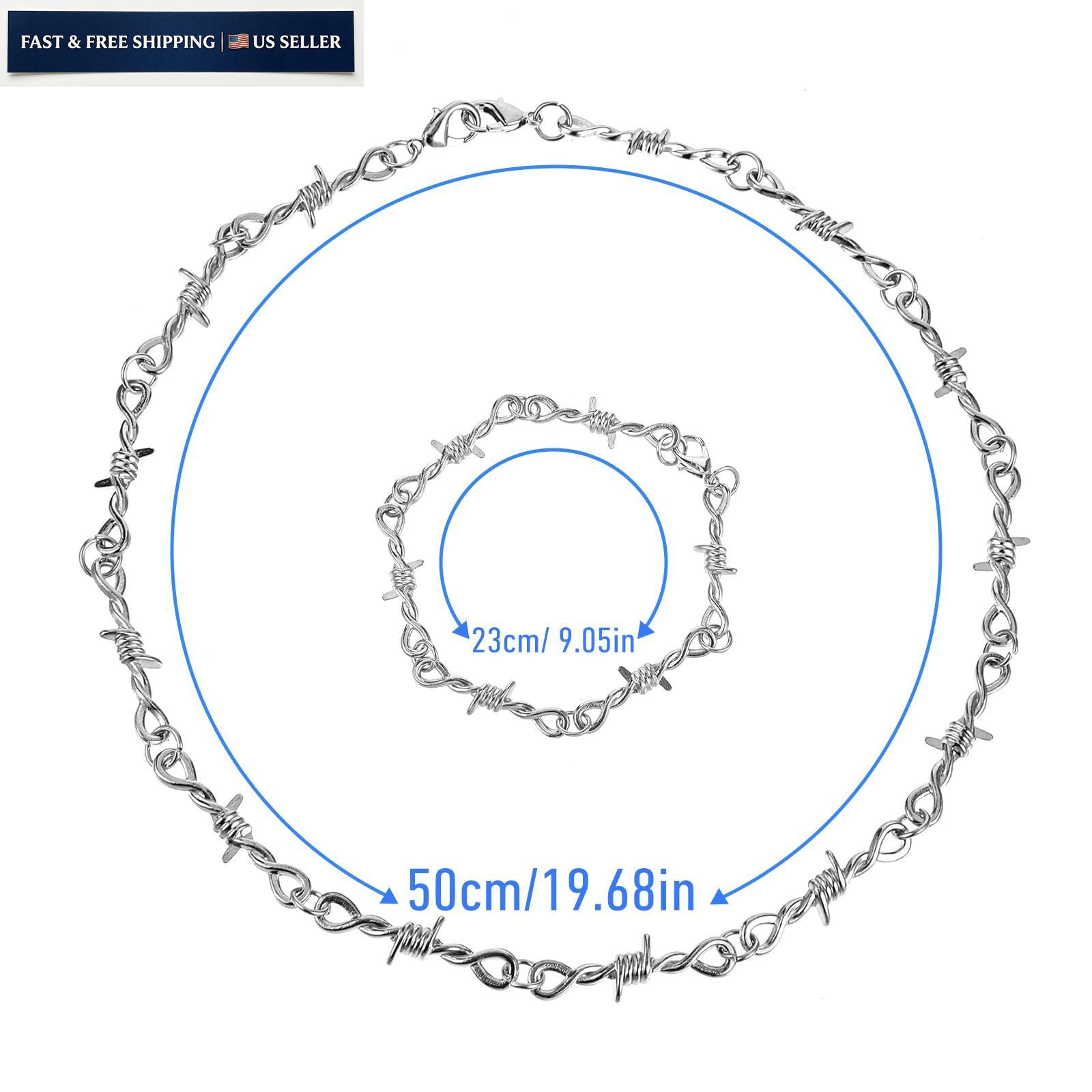 Yolev Barbed Wire Necklace and 10.5 cm (necklace) + 23 (bracelet), Silver