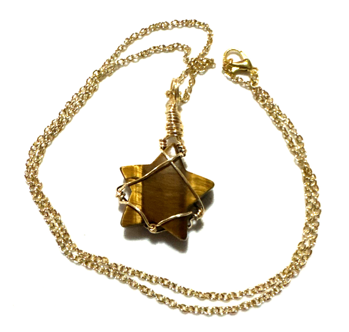 Tigers Eye Star Pendant Necklace Jewelry Gold Tone Chain Genuine Stone Handmade
