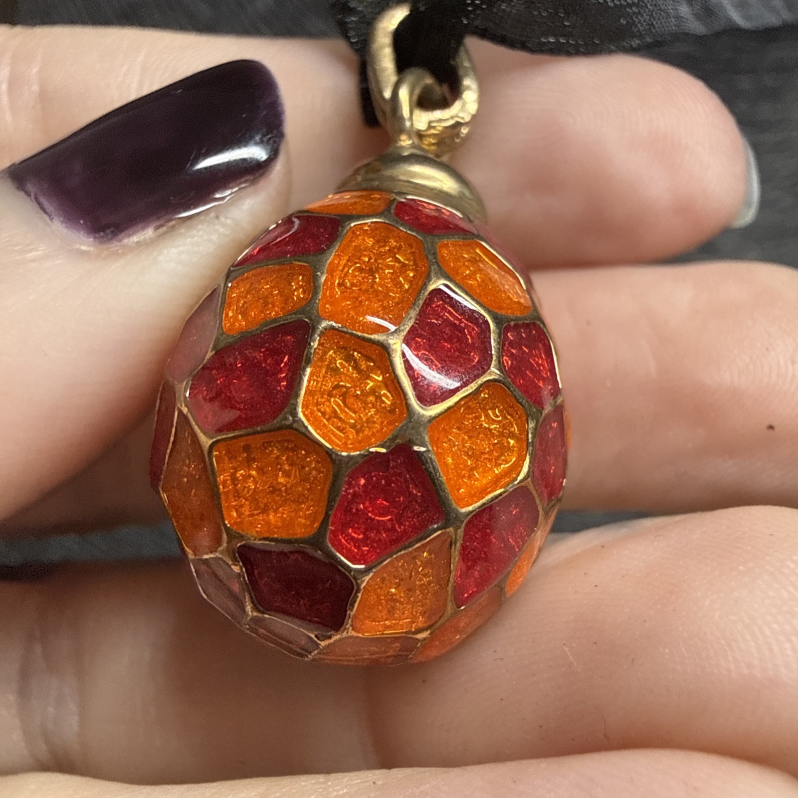 RETRO Enamel Egg Pendant Necklace 46cm/18″ Ribbon Black Orange Red Pretty Kitsch