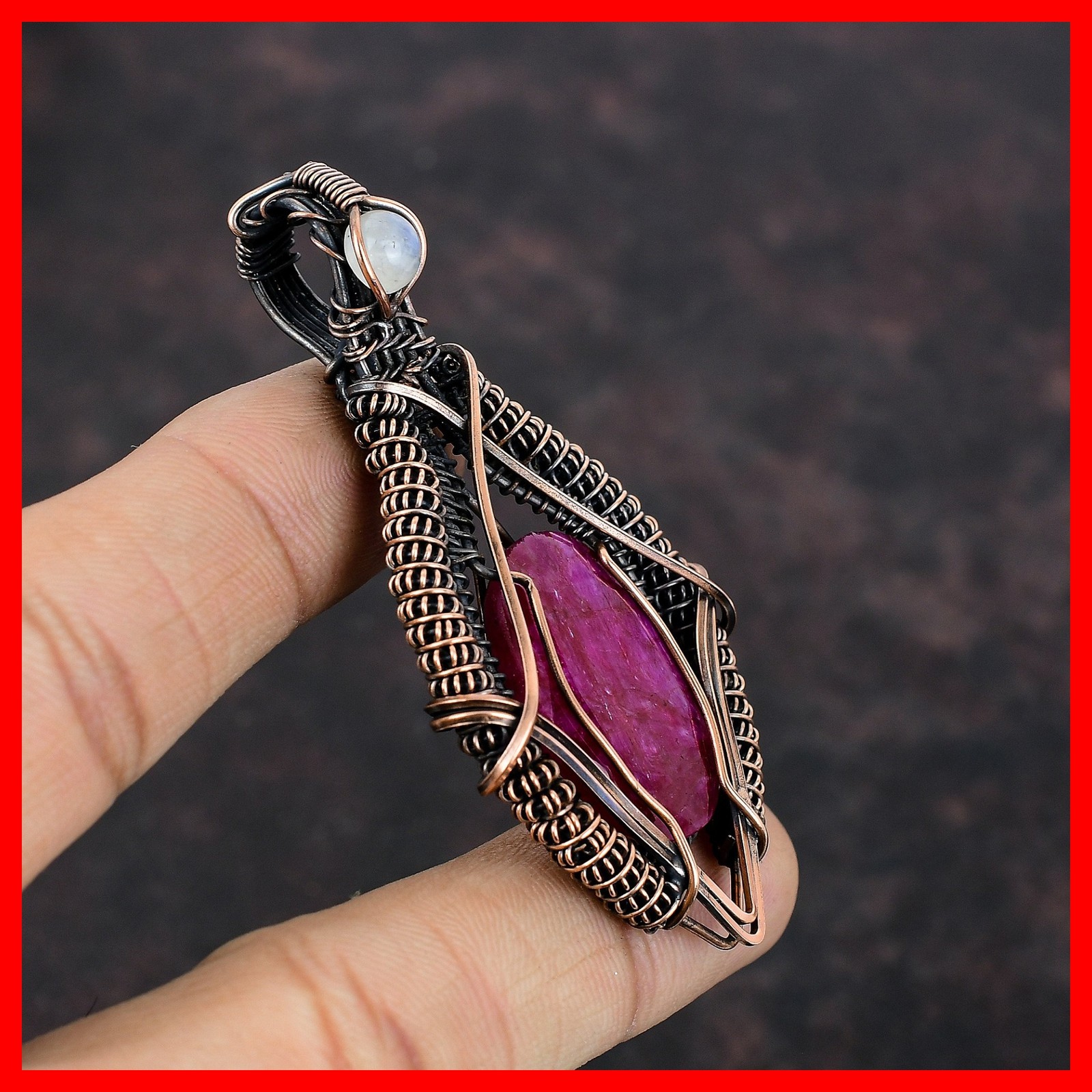 Kashmir Rubi Gemstone Rainbow Moonstone Copper Wire Wrapped Wife Pendant Jewelry
