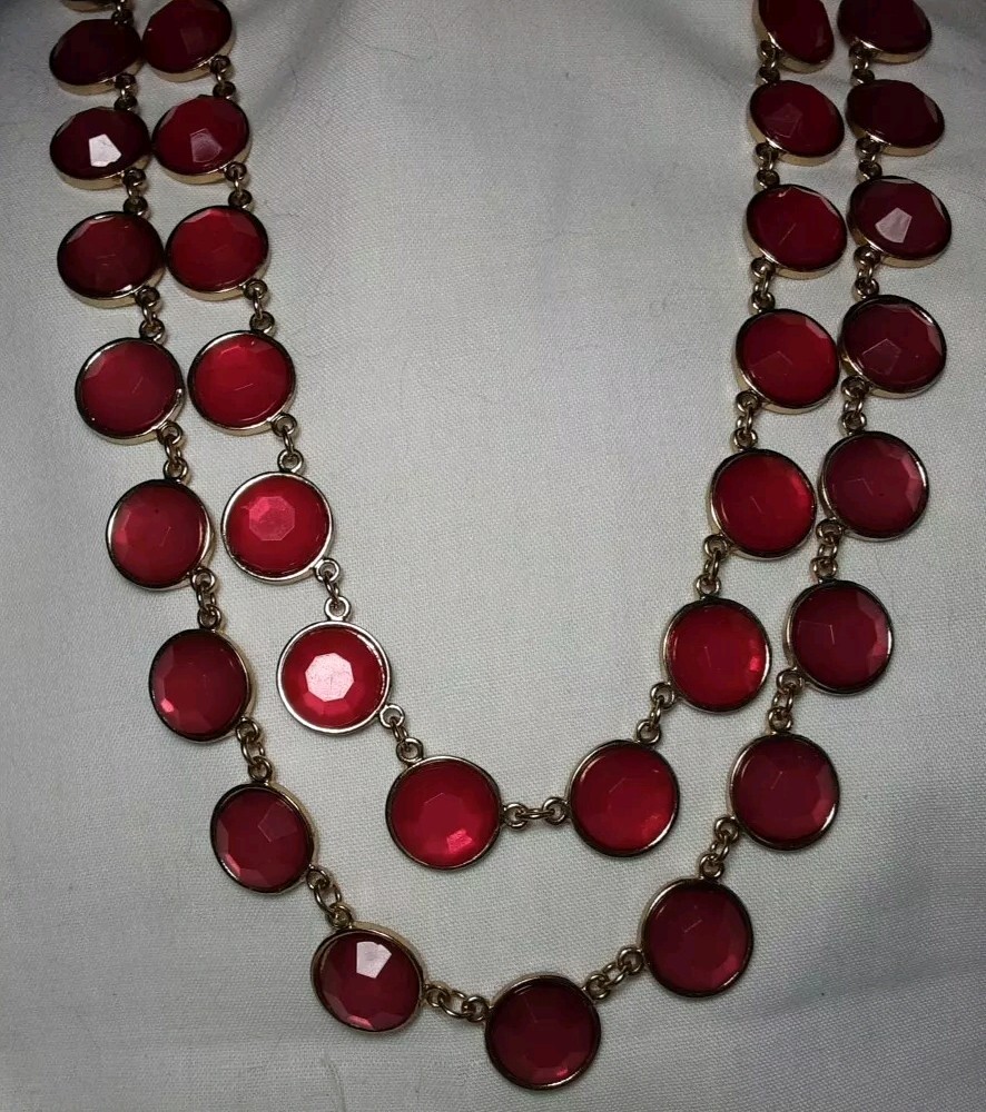 Necklace Gold Tone Red Double ( 2) Gradual Strands Faceted Disks Adj