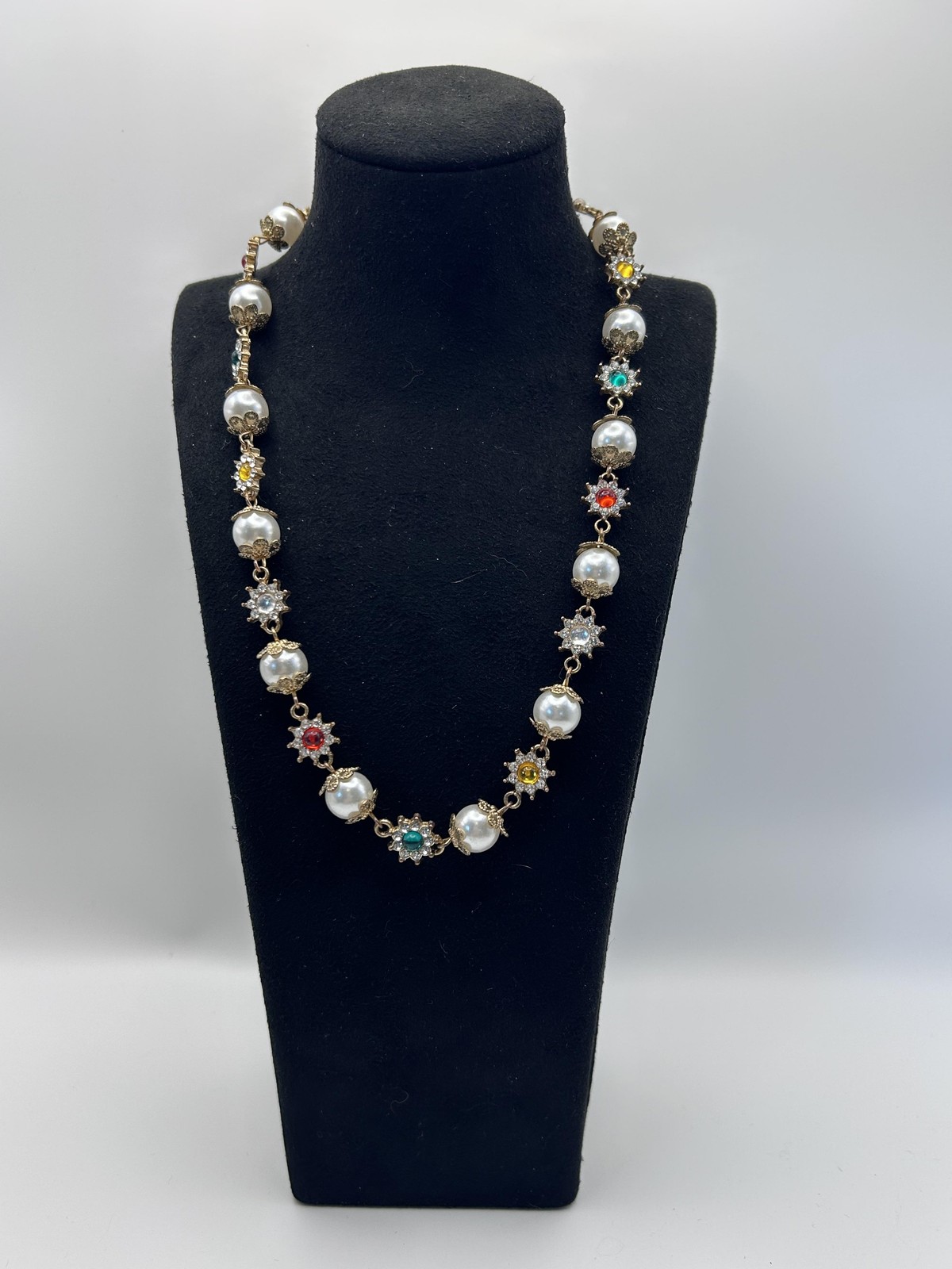 Necklace Gold Tone Multicolor Rhinestone Imitation Pearl Beaded Statement 19 In