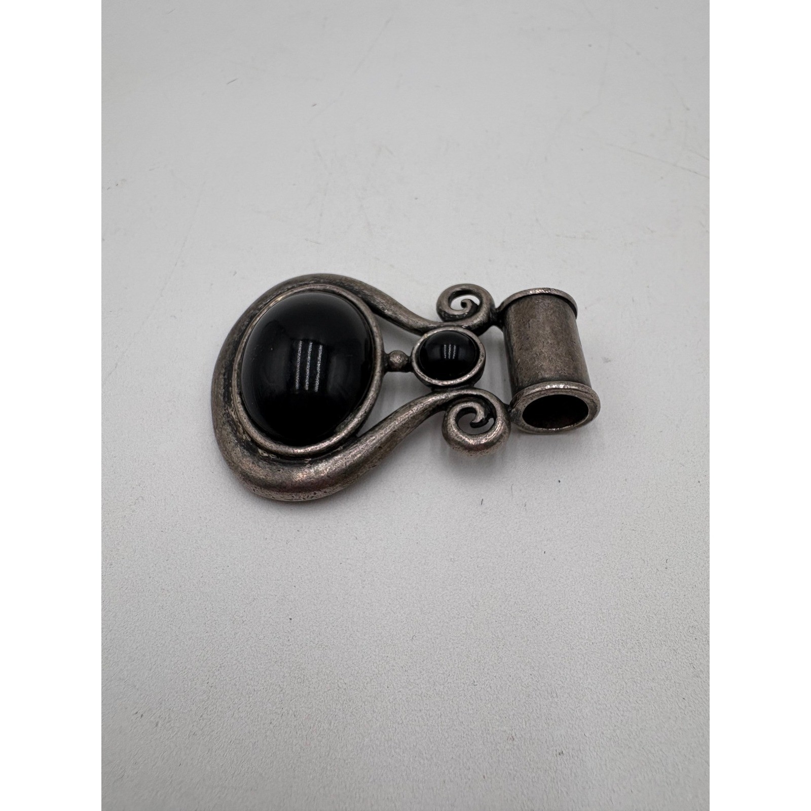 Vintage Silver Tone Black Cabochon Scroll Statement Pendant Large Bail Boho