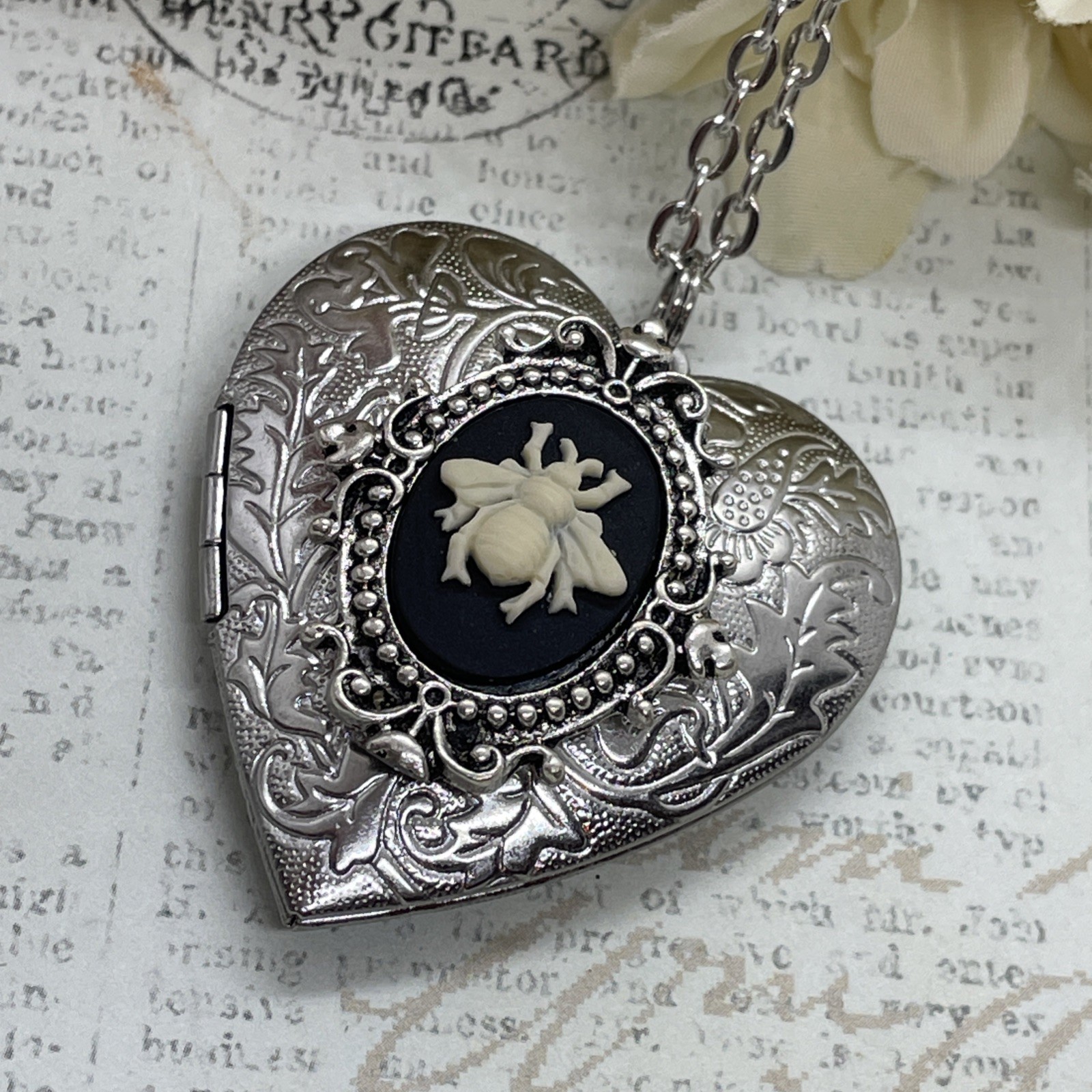 Heart Silver Locket Bee Honey Bumble Cameo Necklace Photo Bride bridal wedding