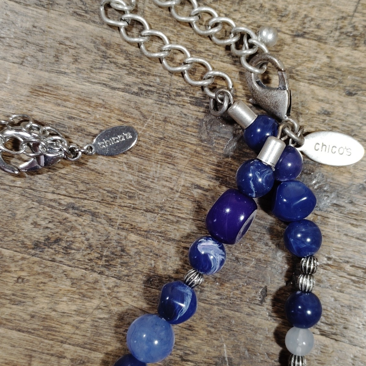 Two Chico’s Necklaces Beads Silver Tone Pendant Adjustable Engraved