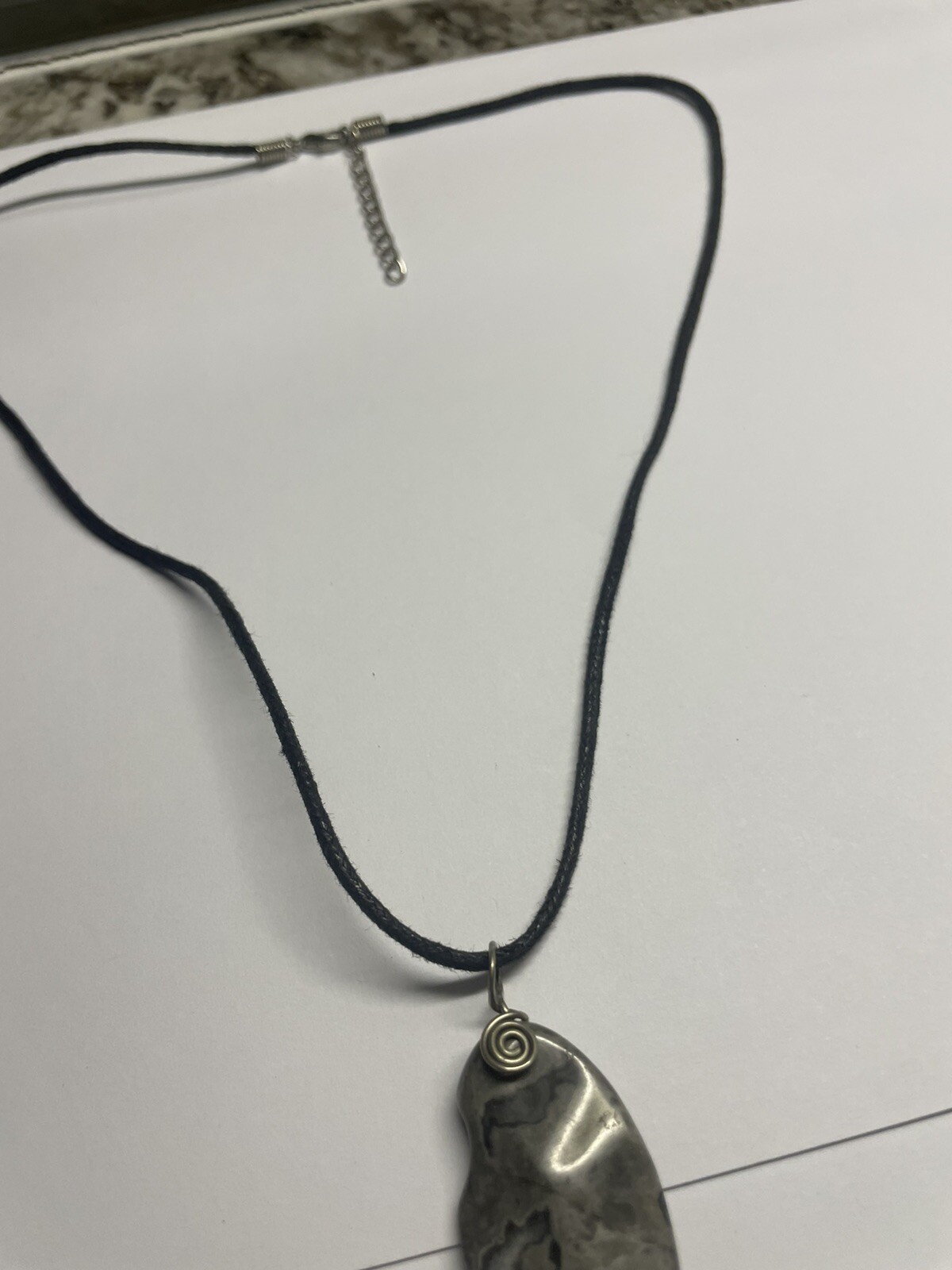 Women’s Grey Natural Stone Pendant / Black Cord Costume Necklace
