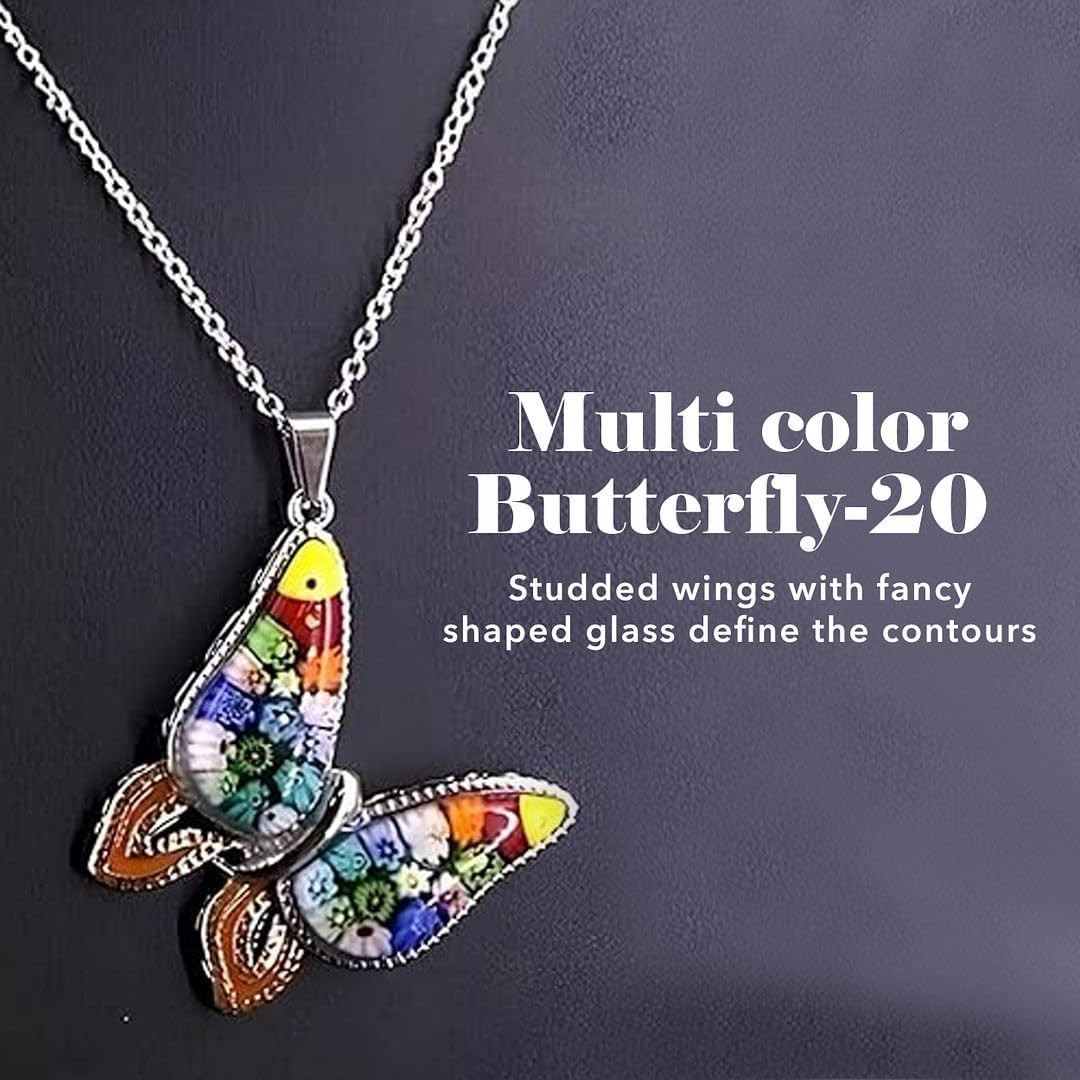 Murano Style Millefiori Glass Butterfly Necklaces for Women – Colorful Boho Neck