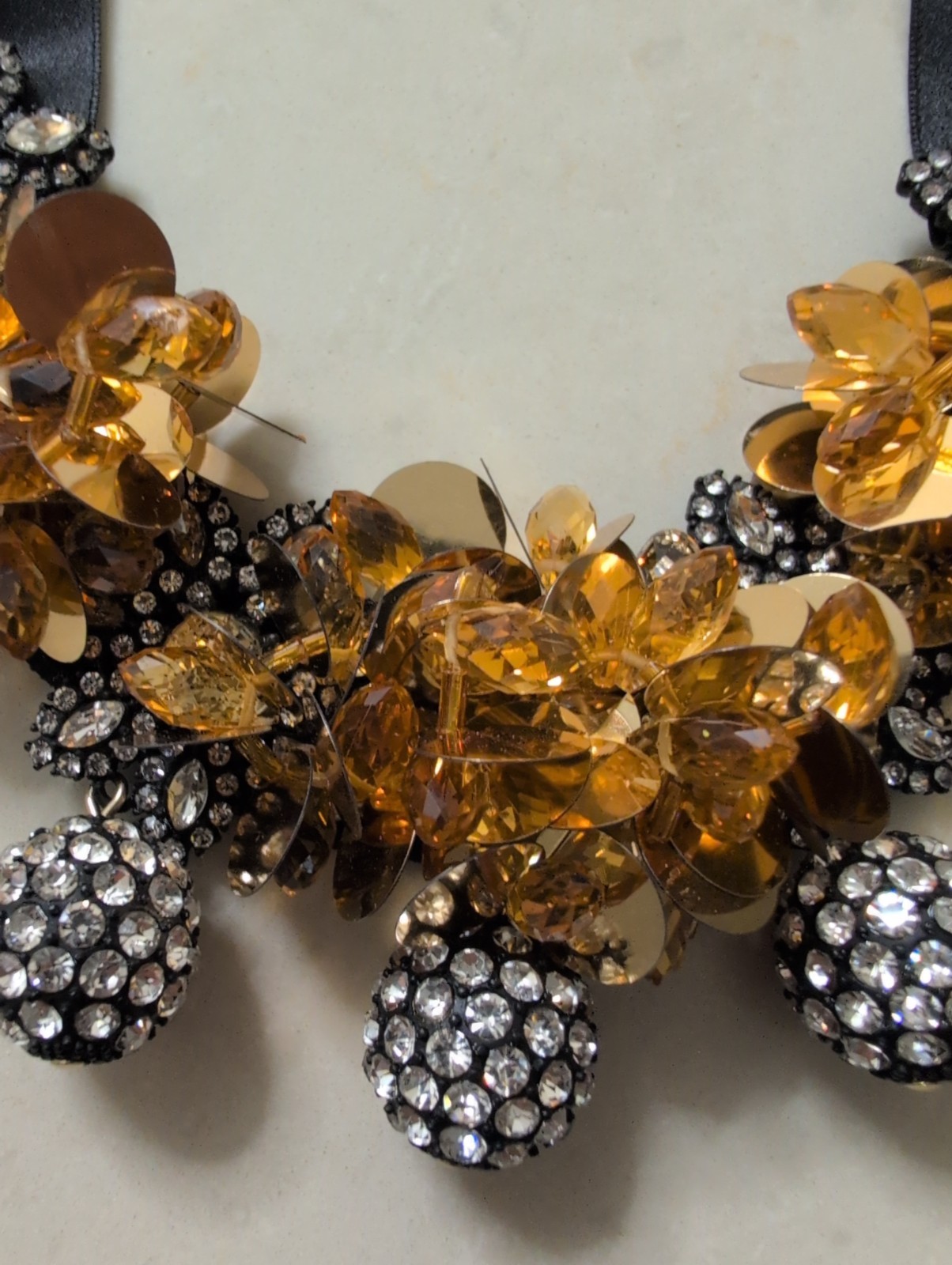 NWOT J CREW WIDE BLACK RIBBON TIE STATEMENT NECKLACE SEQUINS RHINESTONES L@@K