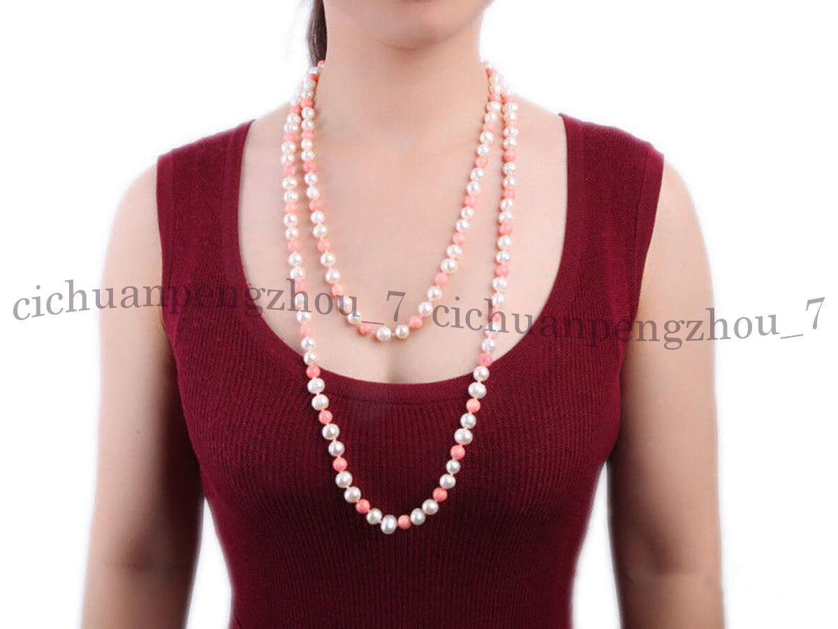 Natural 7-8mm White Freshwater Pearl 8mm Pink Coral Round Beads Necklace 36-100″