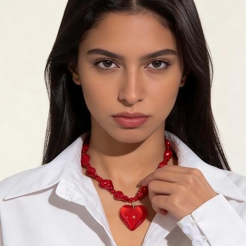 Valentine’s Day Red Heart Necklace for Women Cute Imitation Pearl style C
