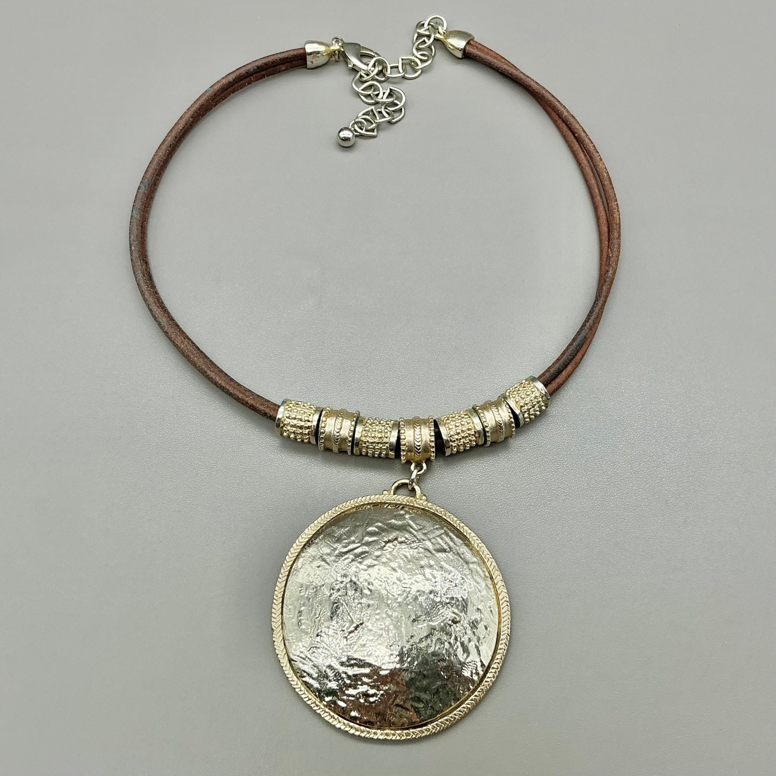 Chicos Necklace Brown Leather Cord Hammered Disc Pendant Gold Silver Tone 18-21″