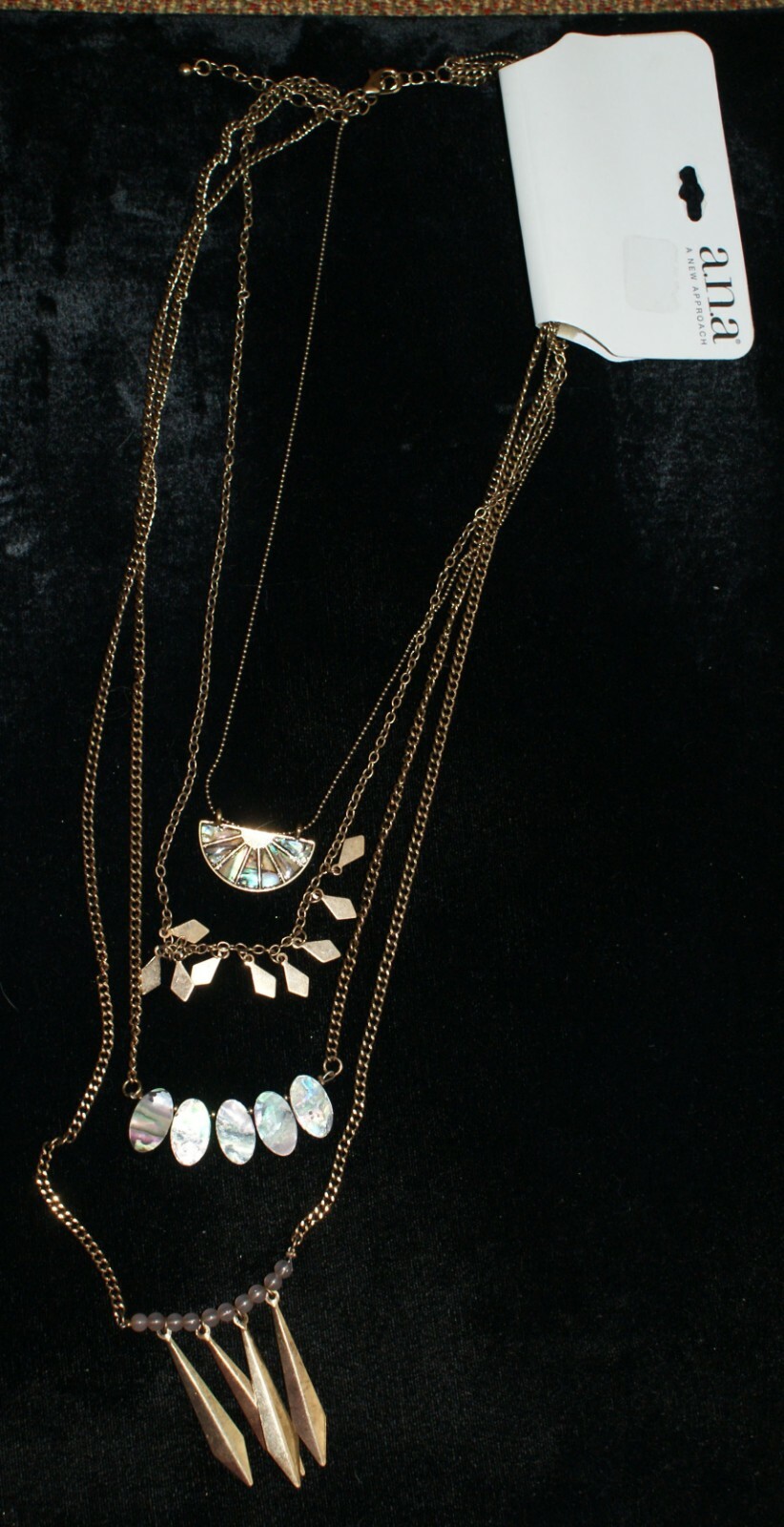 Women’s Fashion Jewelry Necklace A.N.A. Multi Chain Shell & Beads Gold Tone NEW