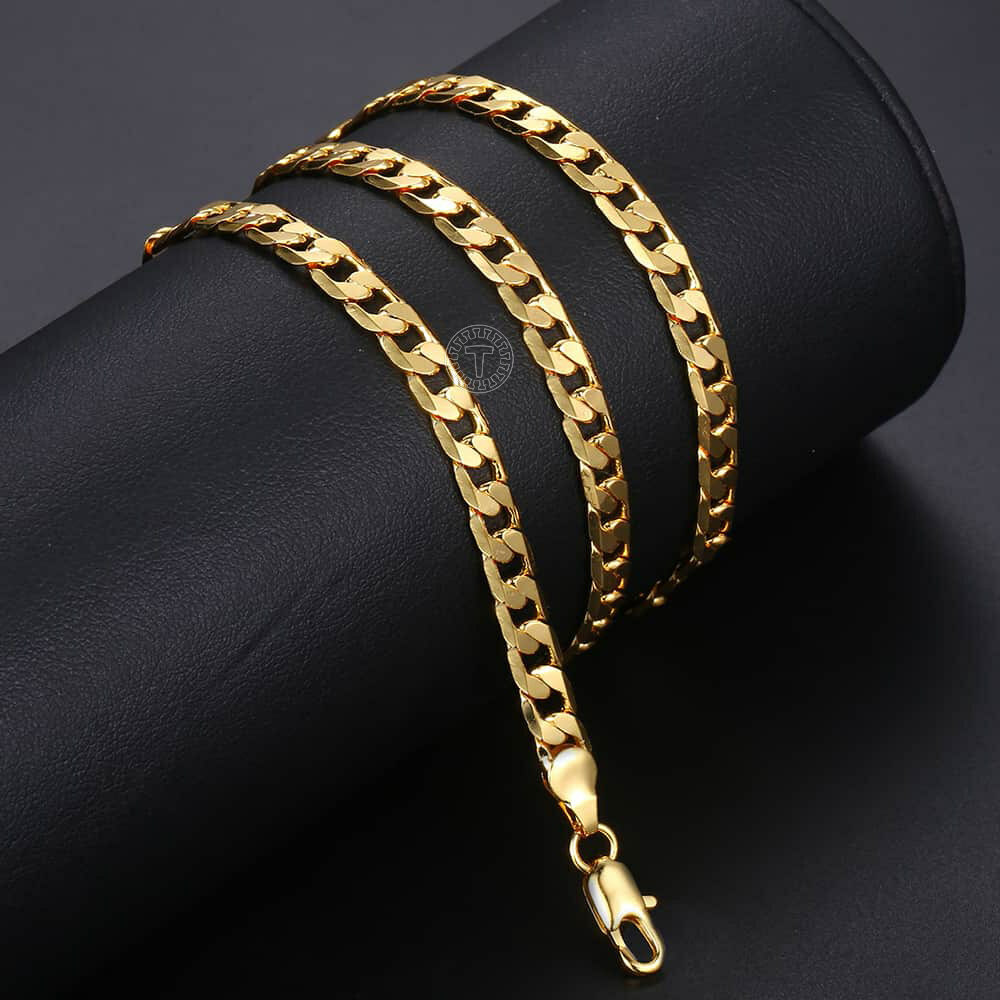 5mm Male/Female Chain Cut Flat Curb Cuban Link Yellow Gold Plated Necklace 18-24