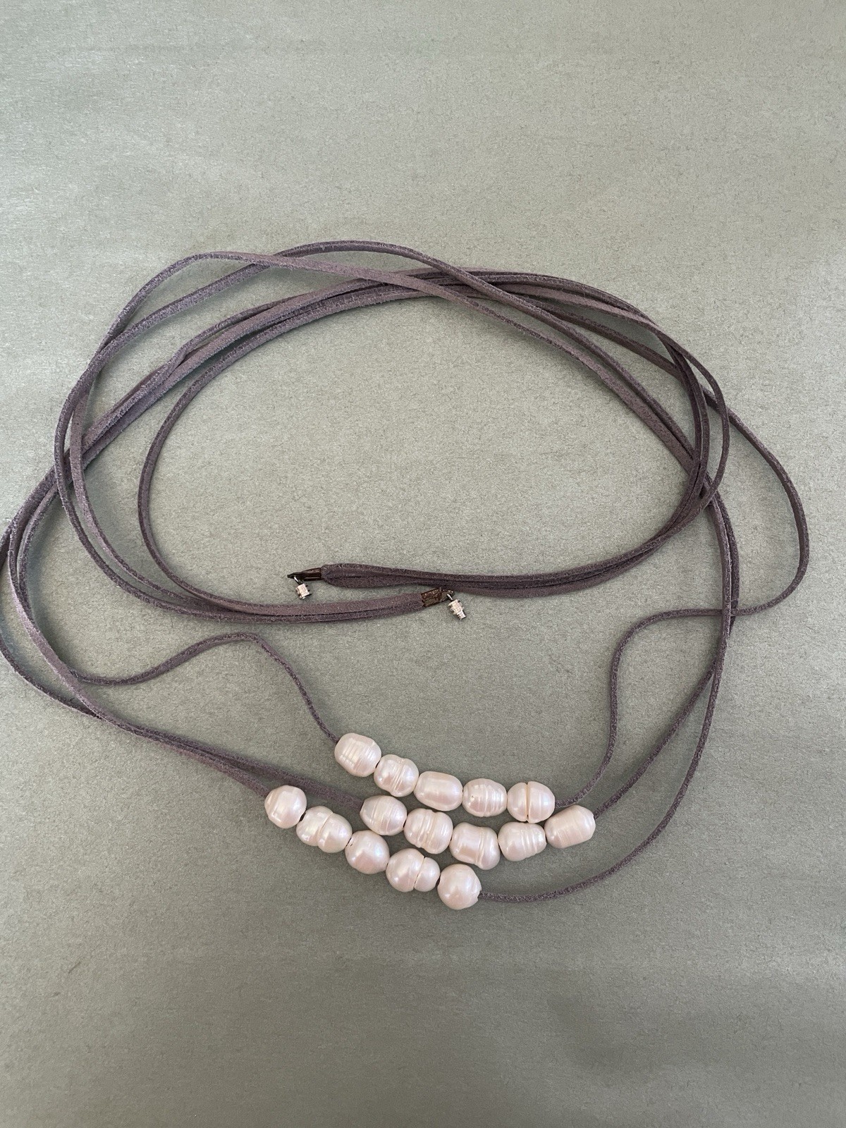 Layered Gray Leather Cord Necklace White Baroque Pearls Adjustable 36in