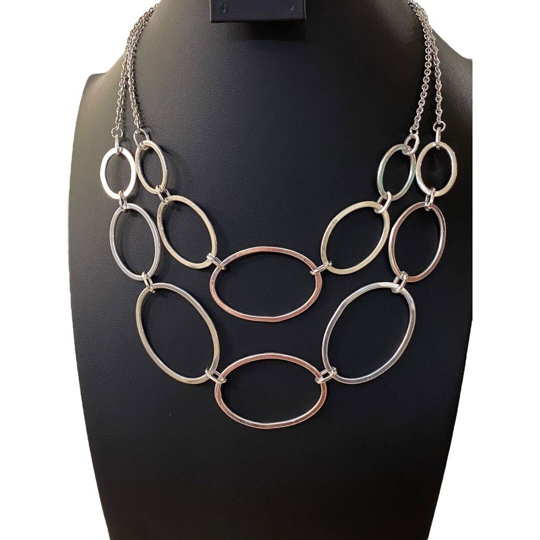 Silvertone Layered Bib Necklace 17-20″ Lays Flat Lightweight Statement