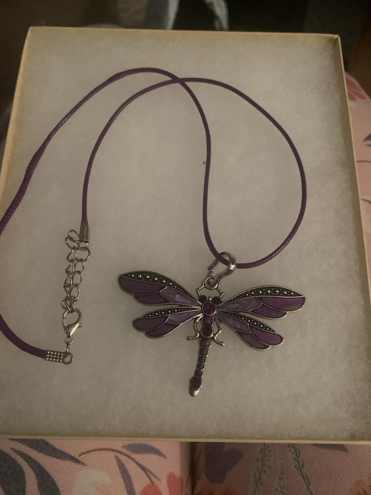 Purple Dragonfly On 18 In Cord and Chain Necklace Silver Tone Purple Stones