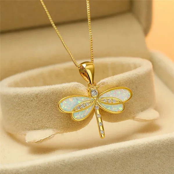 White Opal Dragonfly Gold Pendant Necklace Cyrstal – Beautiful Nature, Elegant