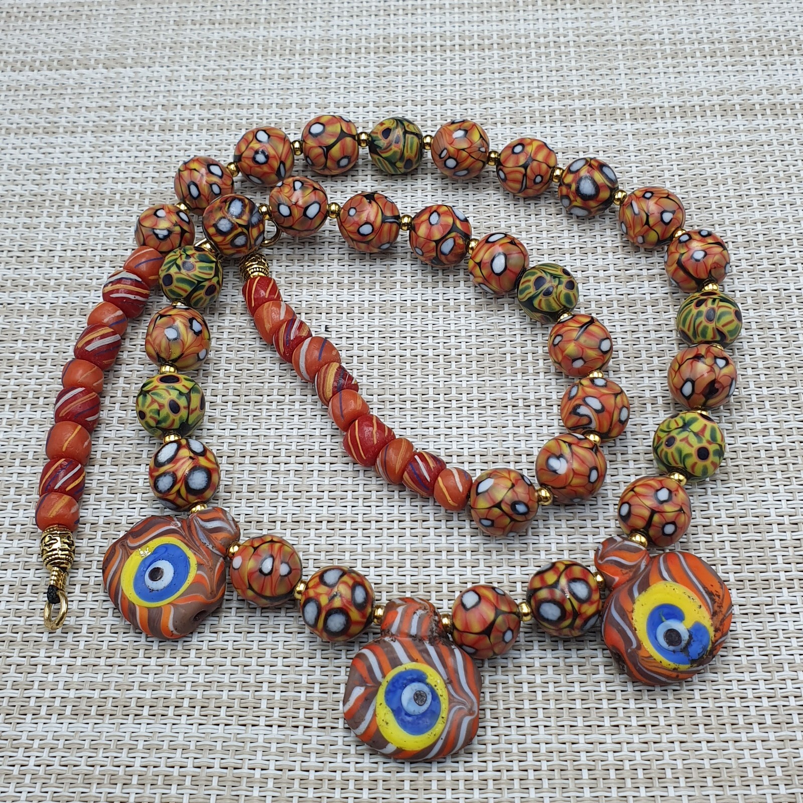 Vintage Venetian Style Eyes Glass with Old 3 Eyes Glass Beaded Necklace