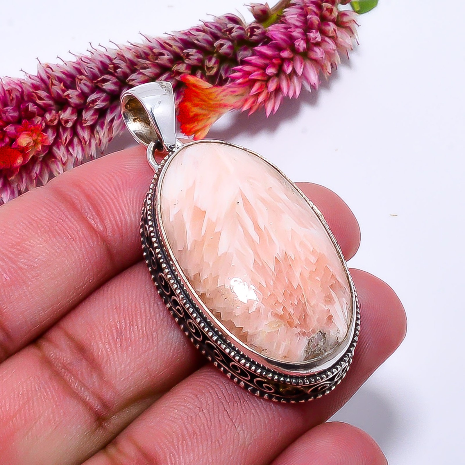 Orange Scolecite – India Fine Art 925 Sterling Silver Pendant 2.03″ P1036411435