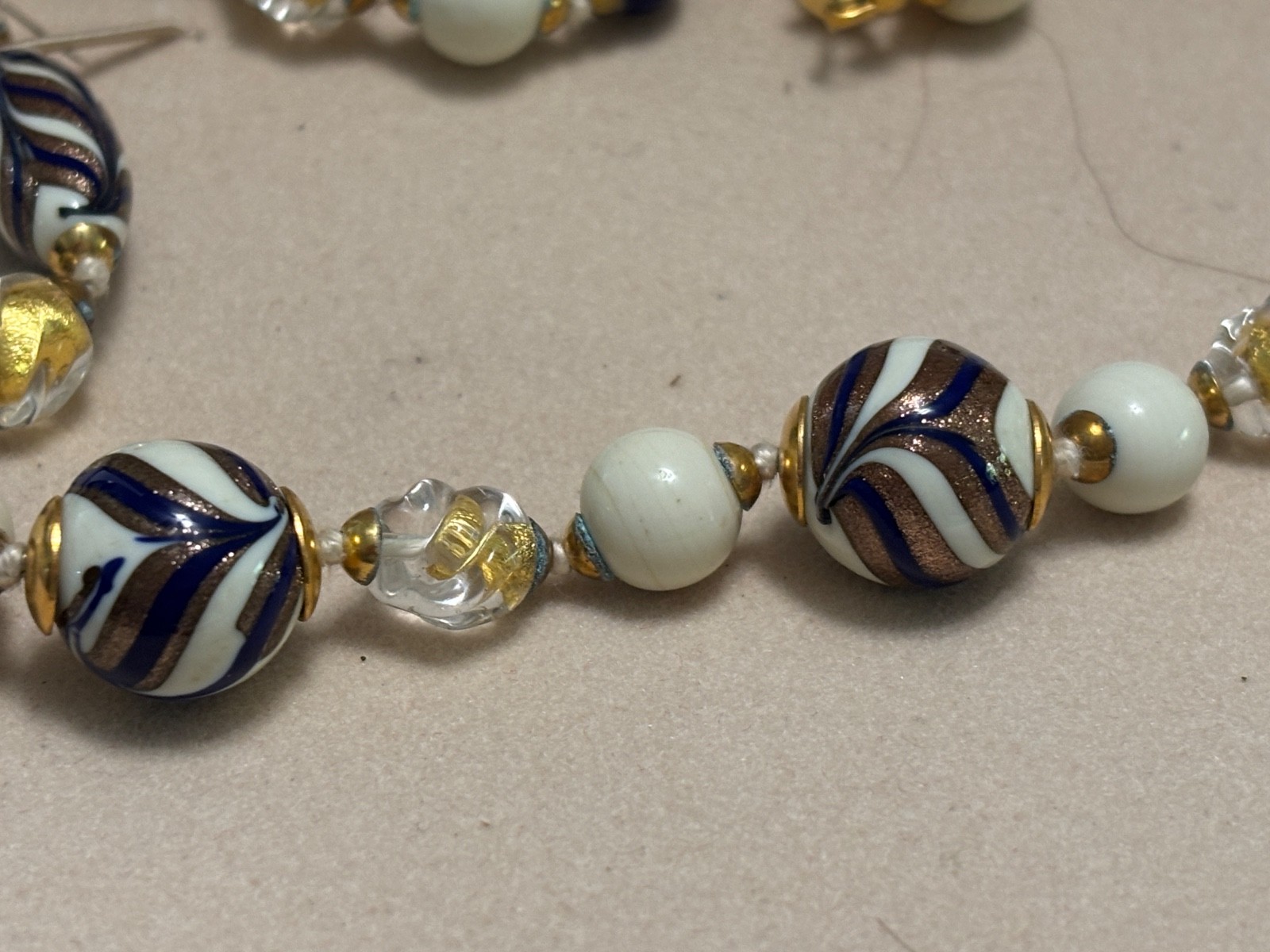 Venetian Glass Beads NECKLACE 20″ Cream Navy Gold Handcrafted IBB Italy Boxed
