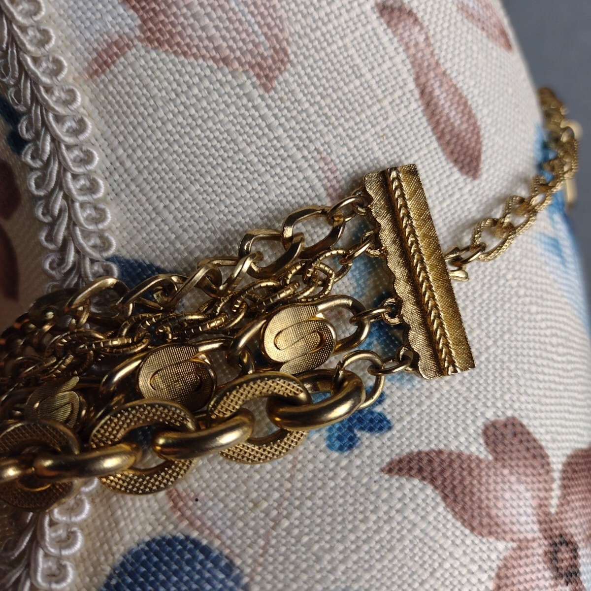 Gold Tone Hoop Closure Four Layer Chain Necklace Various Ornate Chain Styles