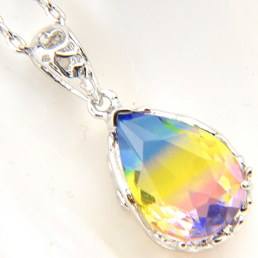 European Teardrop Rainbow Bi Color Tourmaline Gems Silver Necklace Pendants