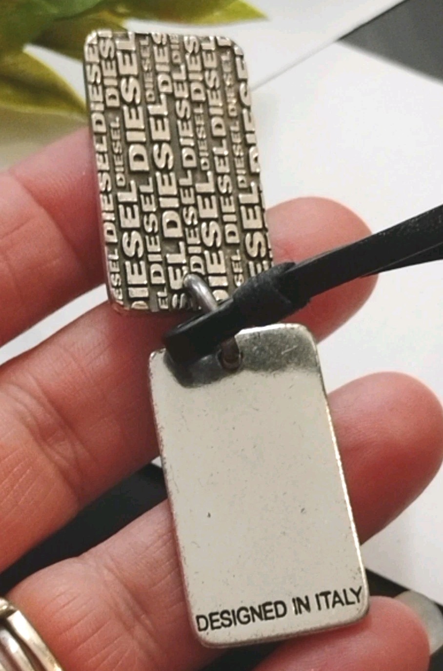 Designer DIESEL 26″ Black Leather Cord Dog Tag Style AS-IS Necklace!