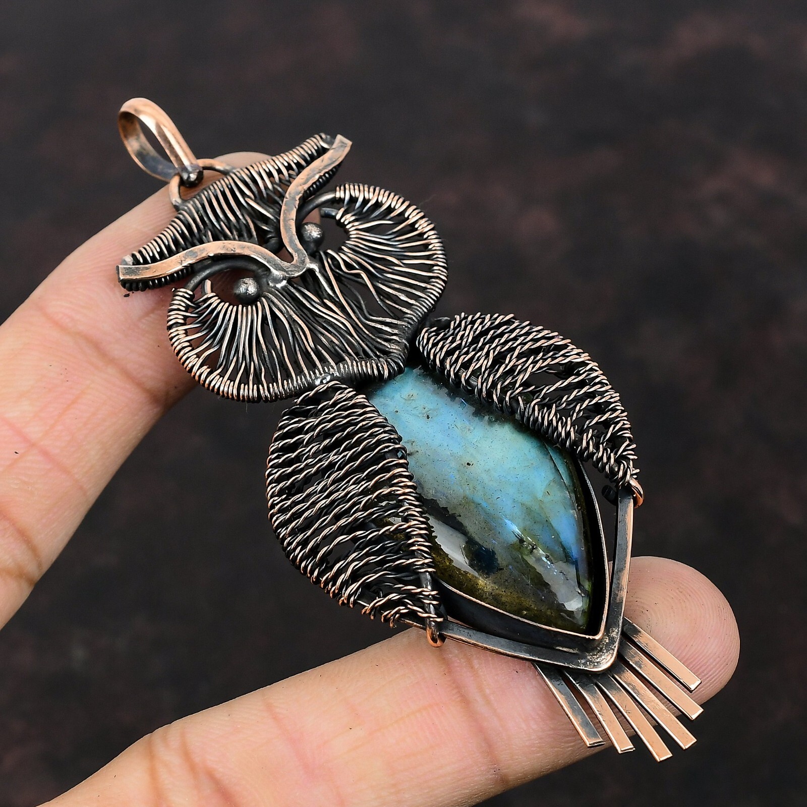 Labradorite Gemstone Jewelry Copper Mother Gift Wire Wrapped Owl Pendant 3.62″