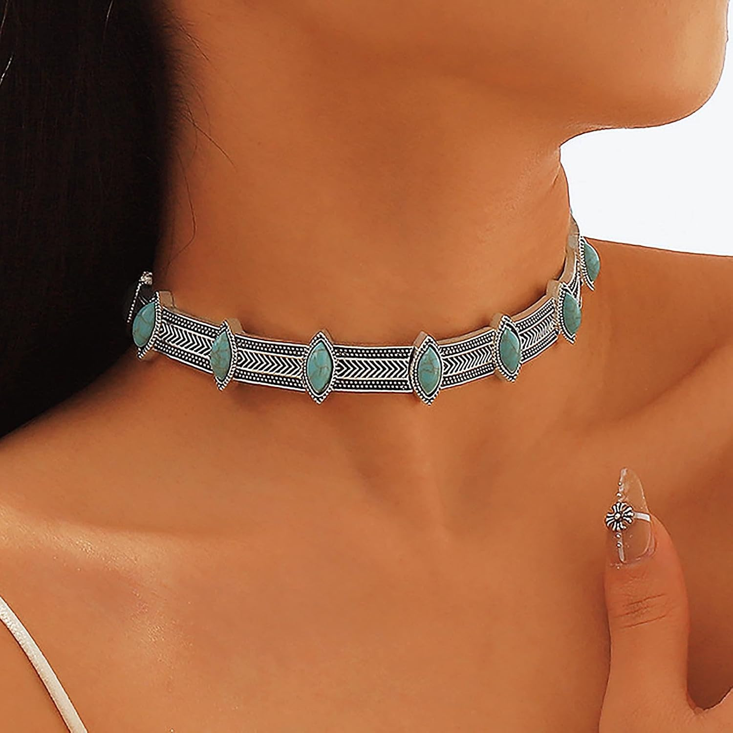 Turquoise Choker Necklace Women Boho Western Silver Tibetan Tribal Statement