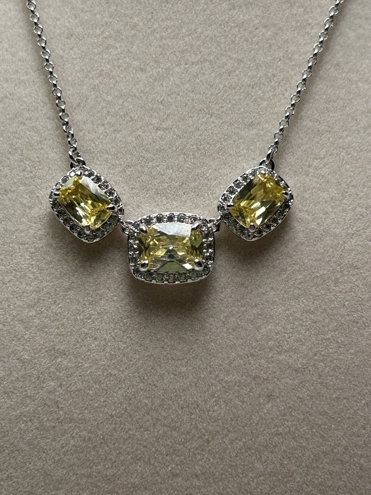 BP Rhodium Plated Chain Necklace with Three Yellow Cushion Halo Stones Pendant
