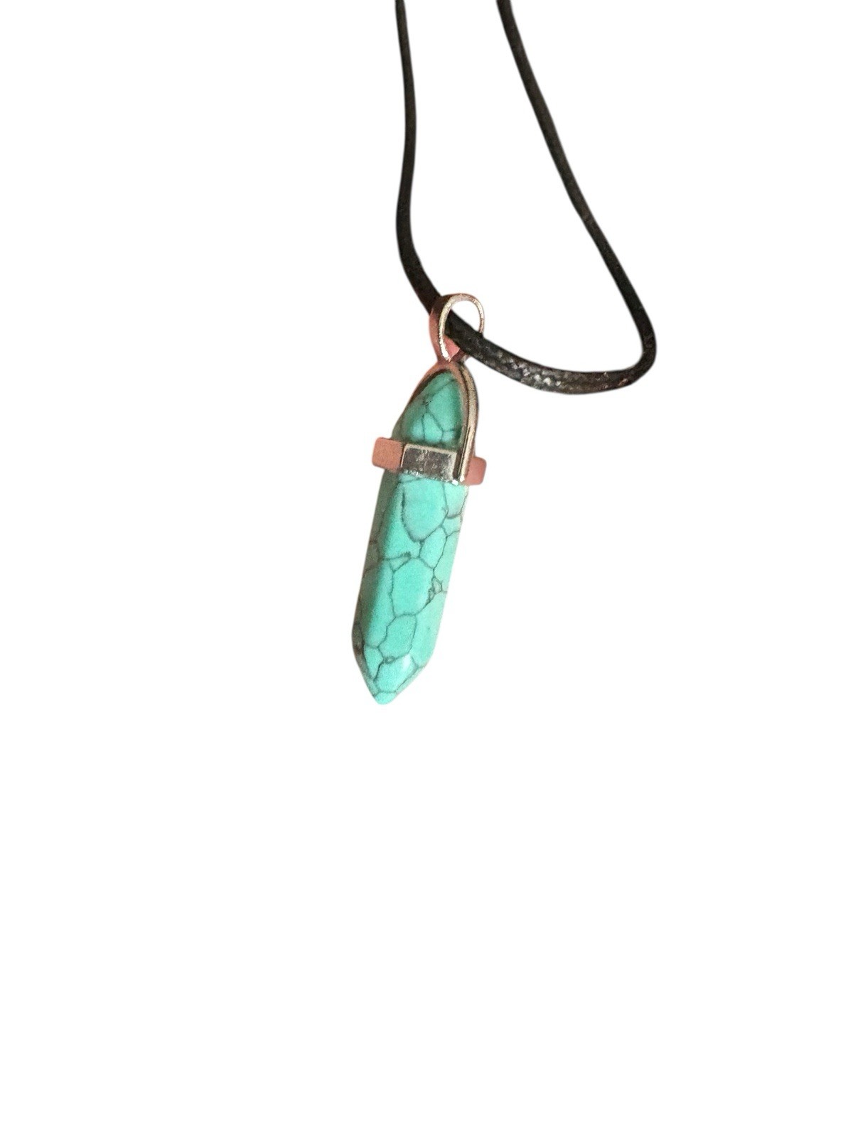 Turquoise Point Pendant Necklace – Faux Leather Cord, Silver-Tone, 18”
