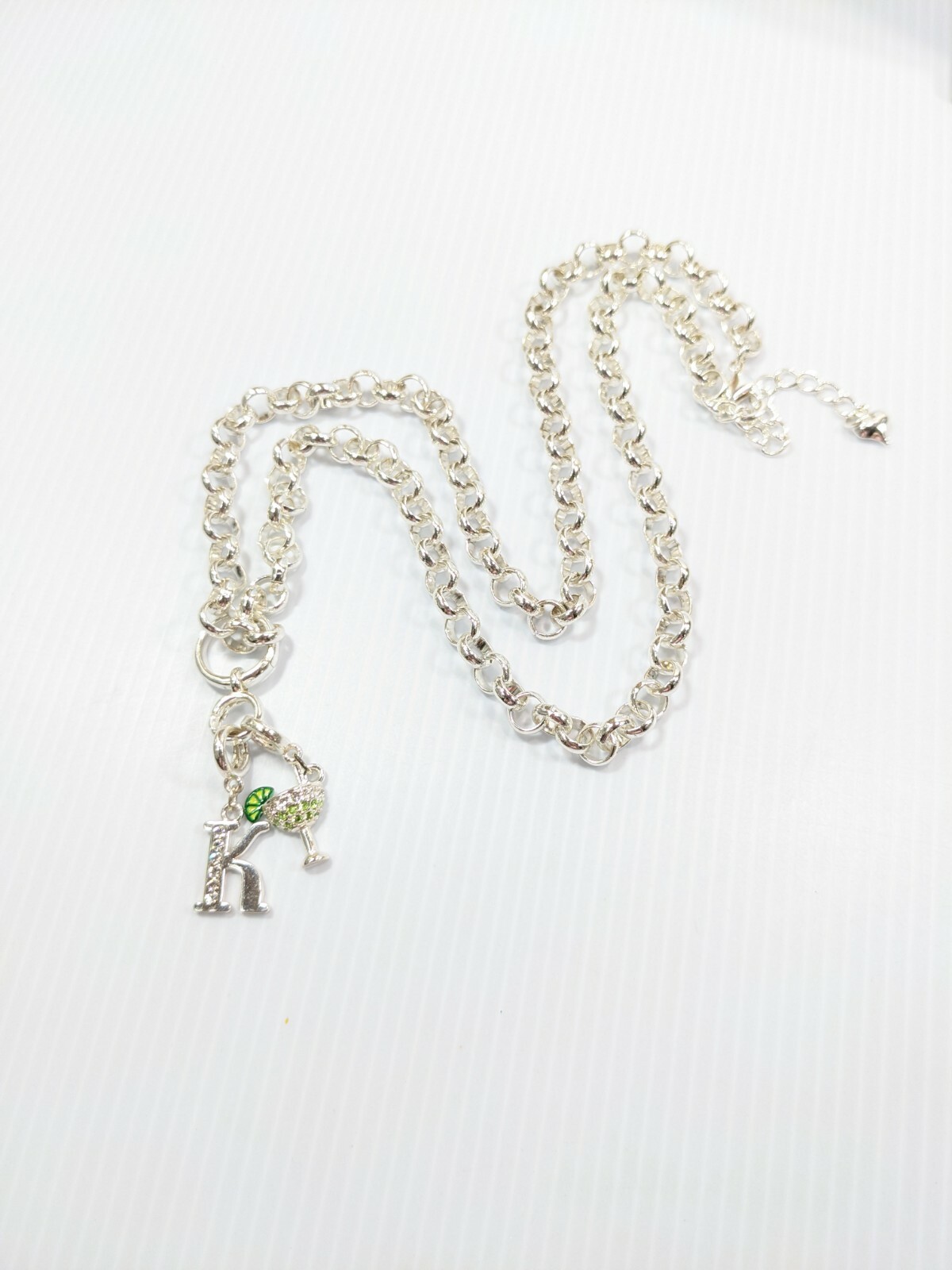 Silver Tone Initial Letter K Crystal Cocktail Margarita Pendant Necklace 28 Inch