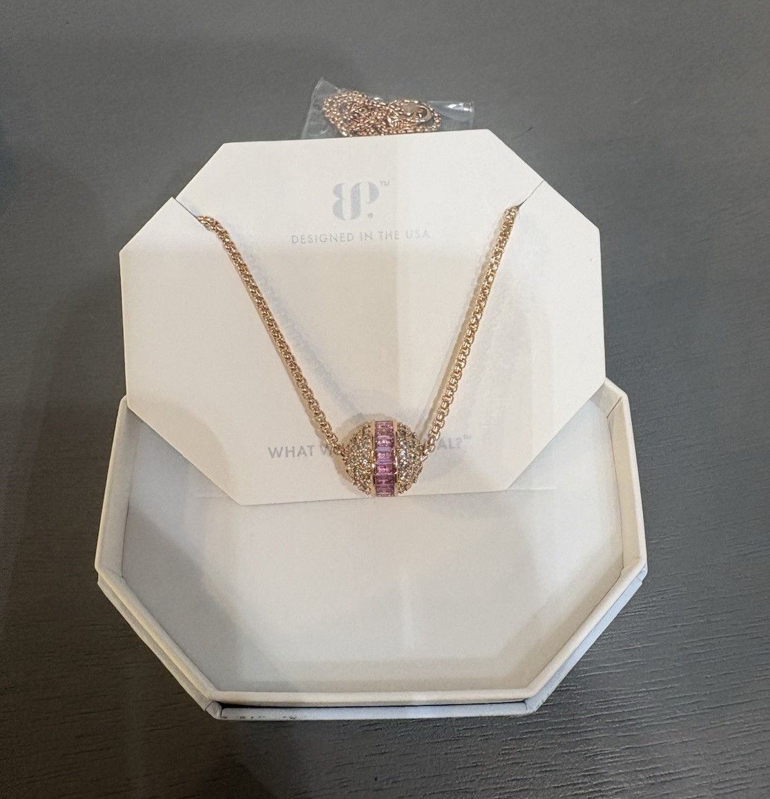 Rose Gold Plated Lab Pink Sapphire Bar Rectangle Pendant Necklace 18″ NK97554