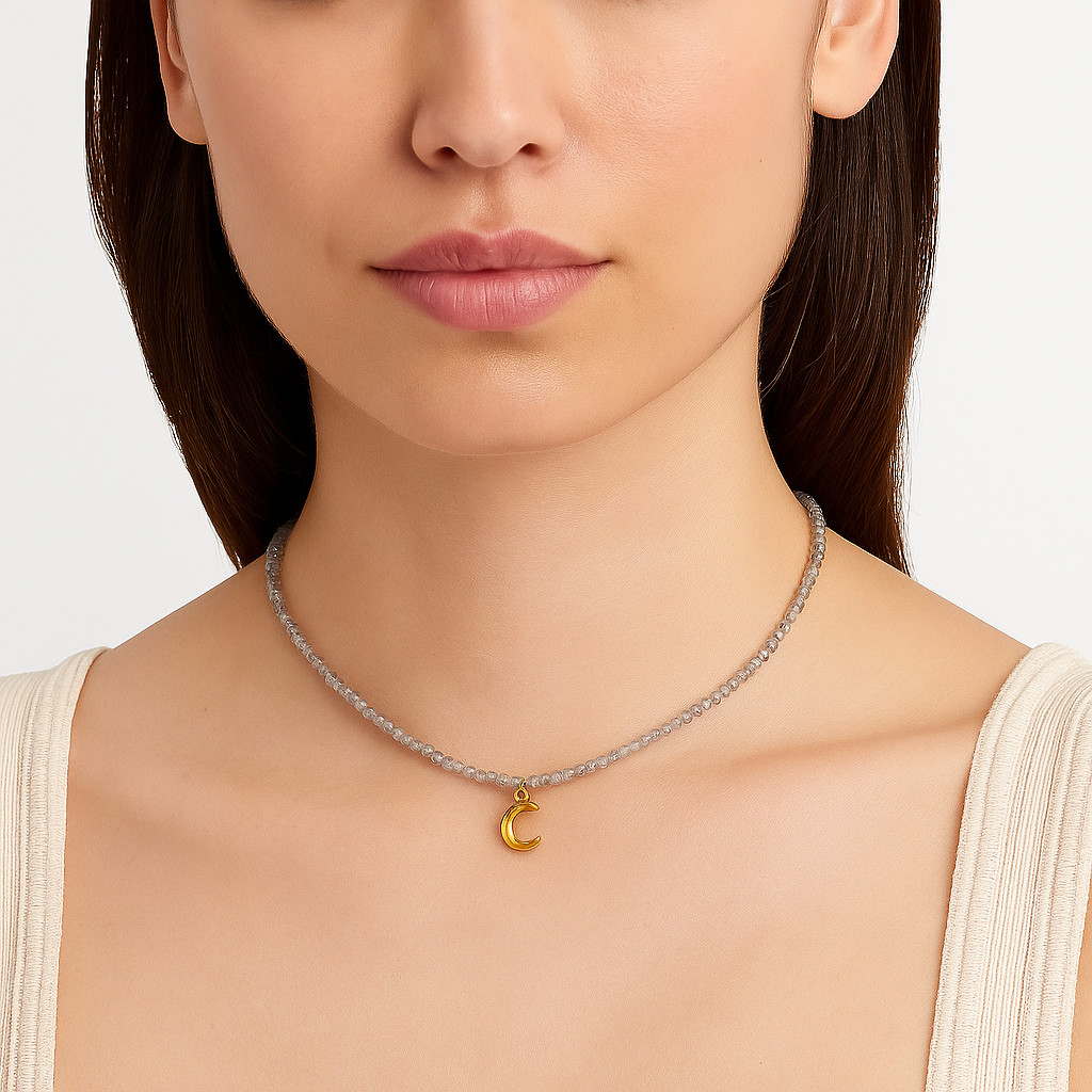 Beaded Labradorite Choker Necklace Moon Pendant 18k Gold Plated Artisan Handmade
